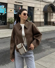 Vintage Brown Short Woolen Women's Parkas Elegant Lapel Long Sleeve Zipper Cropped Coats Fashion Autumn Lady High Street Jackets