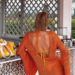 Knit Loose Flare Sleeves Sexy Backless Summer Dress Fashion Bikini Hollow Crochet Cover Up For Women Vacation Sheer Mini Dress