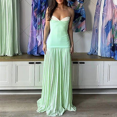 Fashion Color Stitching Dress Women New One Shoulder Pleat Banquet Dress Women's High Waist Tube Tops Cocktail Long Dress