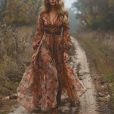 Vintage Pattern Printed High Waist Robe Dress Casual Women V-neck Pleated Bohemian Dress Autumn Long Sleeved Pleated Dress
