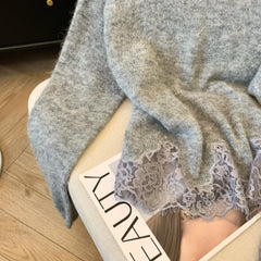 Women's Lace Splicing Sweater O-Neck Long Sleeve Japanese Y2k Aesthetic Streetwear Academy Sweater Autumn/Winter Clothing