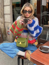 Fashion Contrasting O Neck Hollow Out Knitted Pullover Women Chic Long Sleeve Loose Sweater Autumn Lady Casual Streetwear