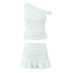 Slanted Collar Off Shoulders Top And Short Skirt Sets 2025 New White Vacation Women Outfits Cotton Blend Slim Sexy Summer Suit