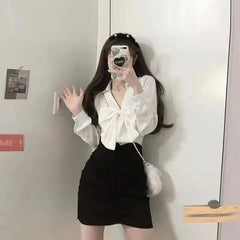 New Spring 2 Piece Skirts Set Women Long Sleeve V-neck Loose Bow Shirt + Mini Skirts Sweet Fashion Suit Korean Clothing