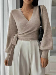 Ladies' autumn and winter fashion solid color V-neck lace up cardigan knitted sweater