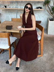 Folds Long Skirt Two Pieces Set Women's Notched Sleeveless Short Vest Top High Waist Solid Maxi Skirt Fashion Sets