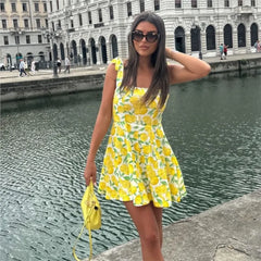 Yellow Lemon Print Cute Chic Short Dress Square Collar Beach Street Fashion Women Dress New A-line Pleat Summer Slip Dress