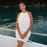 Stacked Decorative Sleeveless Halter Neck Short Dress New Fashion Chic Beige Party Dress Backless Vacation Summer Dresses