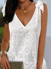 Women's Elegant White Mini Dresses Sexy V-Neck Eyelet Embroidery Tied Detail Sleeveless Dress Beach Fashion Summer Dress