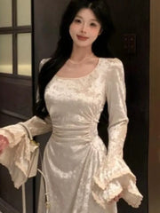 Autumn Elegant Velvet Midi Dresses For Women Lace Patchwork Flare Sleeve A-line Birthday Party Dress Vestidos Mujer New