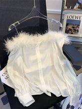 Pbong Korean Luxury Faux Fur Off Shoulder White Shirt Women Backless Chain Straps Sexy Basic Blouse Female Button Up Aesthetic Top