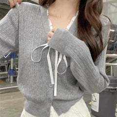Women's Pointelle Knit Cardigan with Bow Long Sleeve Button Front Sweater Openwork Cardi Teen-girl Fairycore Balletcore Outfit