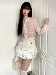 Korean Fashion Pink Cropped Cardigan Women Kpop Sweet Girl Knitted Sweater Bow Coquette Aesthetic Long Sleeve Tops New
