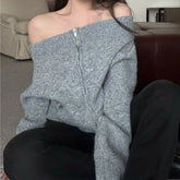 Women's Off-the-Shoulder Sweater Cardigan Zip Up Knitted Off Shoulder Sweater Jacket Teen-girl Fall Winter Y2K Outfit