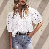 Pbong Fashionable Casual Lace Embroidery Women's Shirt V-Neck Button Hollow out Lantern Sleeve Summer Top Cross-Border Clothing