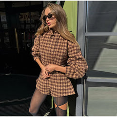 2025 Spring Retro Plaid Women Set Casual Chic Full Sleeve Zipper Jacket High Waist Pockets Shorts NEW Lady Office Suit Commute
