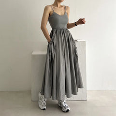A-line Pocket Street Cargo Dress V-neck Solid Color Gray Pleated Dress Sleeveless Korean Chic Long Dress 2025 Summer New