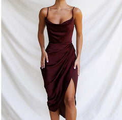European And American-Style Women's ClothinginsHigh-Profile Figure Sexy Suspender Pleated Dress Slit Dress Irregular Skirt New
