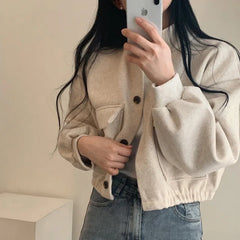 Pbong Autumn Winter Loose Woolen Coat Women Large Size with Pockets Small Stand Collar Long Sleeve Button Hong Style Women's Clothing