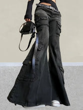 Pbong Women's Black Low Waist Cargo Jeans Distressed Whiskers Multi-Pocket Bootcut Retro Grunge Streetwear Pants