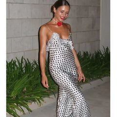 Women's Polka Dot Layered Decorative Satin Sleeveless Suspender Dress Ruffle Slim Chic Party Dress Fashion Female Clothing 2025