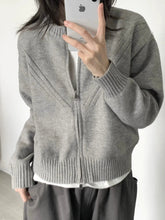 Vintage Zip Up Cardigan Women Korean Fashion Gray Knitted Cropped Sweater Casual Solid Color Long Sleeve Tops Autumn