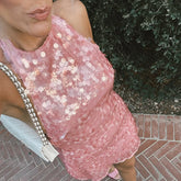 Fashion Sleeveless Pink Sequin Short Dress Halter-neck Sexy Slim Summer Dress Women Chic Street Party Dress Vestidos 2025 New