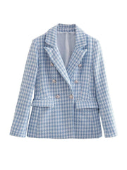 Women Fashion Houndstooth Double Breasted Tweed Blazer Coat Vintage Long Sleeve Flap Pocket Female Outerwear Chic Veste