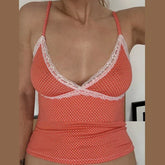 Women's Orange Vest Polka Dot Lace Trim Spaghetti Strap Camis Fairy Coquette V Neck Sleeveless Shirt Y2k 00s Cute Crop Tops