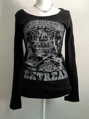 Harajuku Gothic Black T Shirts Women Long Sleeve Vintage Y2K Tops Dark Academic Female Casual O Neck Slim American Tees