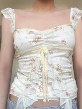 Floral Print Ruffles Prairie Chic Halter Tops Women Cute Sweet Bow Lace Up Causal Gentle Women Camisole Shirts