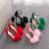 Crystal Queen Women Summer Sandals Fluffy Peep Toe Stilettos High Heels Fur Feather Lady Wedding Shoes Large Size 42