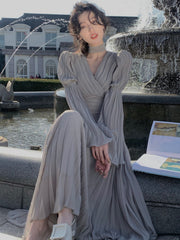 Women's French Elegant Ruffle Irregular Long Dress Korean Fashion Fairy Pleated Party Evening One Piece Dress Spring