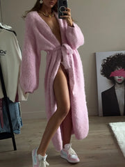 Pbong The New Soft And Glutinous Knitted Cardigan Is Versatile, Simple And Loose, With A Plush Tie And A Cinched Waist