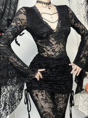 Autumn New Halloween& Party Dark Wind Temperament Lace V-Neck Bead Chain Top Women