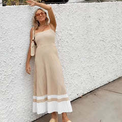Women's High Waist Knit Dress Sleeveless Pleated Long Dress Casual Vacation Beach Slip Dresses Summer Fashion Female Clothing