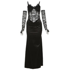 Lace Satin White Party Dresses Women Elegant Sexy V Neck Backless Maxi Dress with Gloves