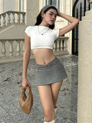 Simple Two-Piece Set Women Mini High Elasticity t-Shirt+Sash Culotes Solid Street Summer Trend Classic Matching Suits