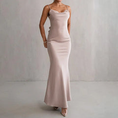 Womens Temperament Satin Dress Summer Sexy Suspender Off-Shoulder Party Dress Elegant Solid Color Hollow Backless Evening Dress