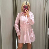 French Fashion Striped V-neck Long Sleeve Short Dress Chic Loose Single Breasted Pleat Summer Dress New Female Clothing
