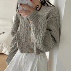 Cable Knit Cardigan for Women Long Sleeve Button-up Box-fit Crop Sweater Jacket Autumn Winter Teen-girl Y2K 90s Outfit