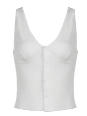 Sweetown Button Up V Neck Sleeveless Ribbed Vest White Solid Basic Casual Tank Top Women Elegant Fashion Crop Cardigan Shirts