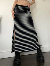 Y2K Black White Stripe Long Skirts Women Split Elastic Waist Basic Elegant Knitted Skirt