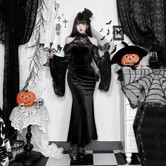 Halloween Long-sleeved Witch Dress for Women Fashion Elegant Evening Party Dresses Sexy Slim Fit Lace Splicing