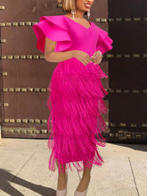 Pbong mid size graduation outfit romantic style teen swag clean girl ideas 90s latina aestheticWomen Tassel Dress V Neck Fringe Bodycon Slim Party Ruffles Sleeves Spring Celebrate Elegant Fashion Prom Lady Package Hip Gown