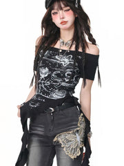 Y2k Print Vintage Off shoulder Short sleeve T Shirt Women Hip hop Basic Summer Crop Tops Streetwear Lady Tees Korean