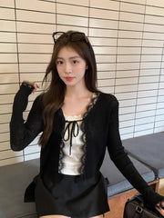 Lace Trim Tie Up Knit Top for Women Sheer Knitted Crop Cardigan Long Sleeve Open Jacket Teen-girl Y2K Sweetgirl Cute Outfit