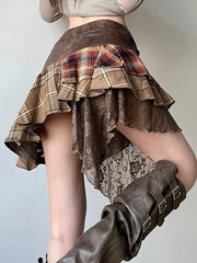 American Retro Asymmetrical Women's Mini Skirts Lace Stripes Plaid Leather Irregular Fashion Chic Design Short Dresses