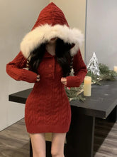 Winter Christmas Knitted Sweater Dress Hooded Women Slim Bodycon Y2k Mini Dress Fur Female One Piece Dress Korean Elegant