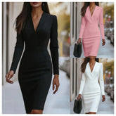 Pbong Fashionable V-neck Waist-cinched Long Sleeve Pure Color Dress Elegant Commute Style Polyester Fabric Midi Skirt for Women